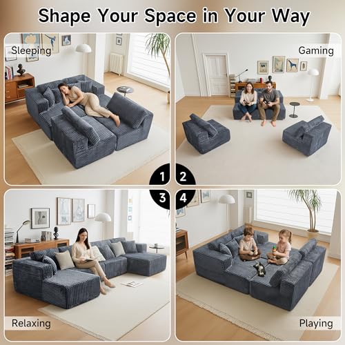 Image of 143 inch Oversized Cloud Boneless Couch with Chaise, Modern Modular Sofa with Deep Seat, Various Combinations Upholstered Couches for Living Room, No Assembly Required, Dark Grey