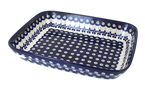 Blue Rose Polish Pottery Flowering Peacock Small Rectangular Baker