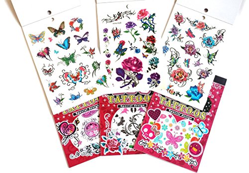 6 Packs Body Art Temporary Tattoo Book, Butterfly Flower Cartoon Tattoos for Girls