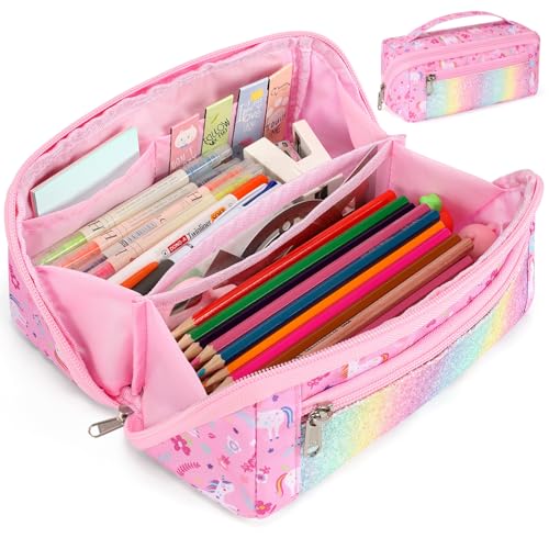 Image of Large Pencil Case for Girls, Aesthetic Pencil Pouch for School, Wide Opening Organizer Box with Handle, Fits 50 Pens & Markers (Glitter Pink Unicorn)