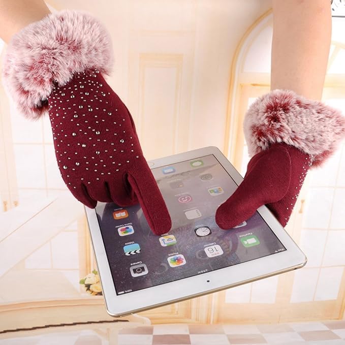 Tomorrow Women's Winter Gloves Soft Warm Touch Screen Gloves for Cold Weather Windproof Covered Finger Faux Fur on The Inner for Cold Weather Women Cute Design Plush Fur Cuff Stone Crafted (Maroon)