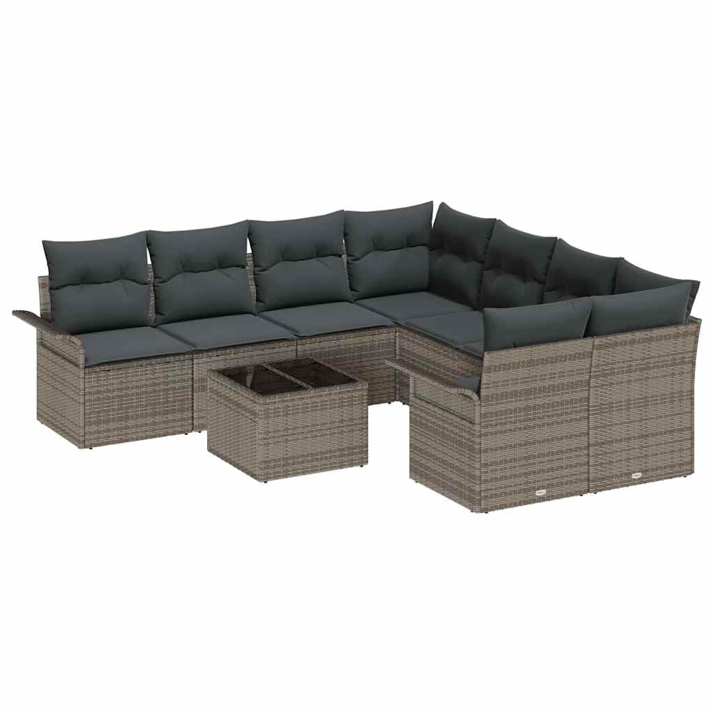 Set di divani da giardino in polyrattan, 9 pezzi, grigio, con