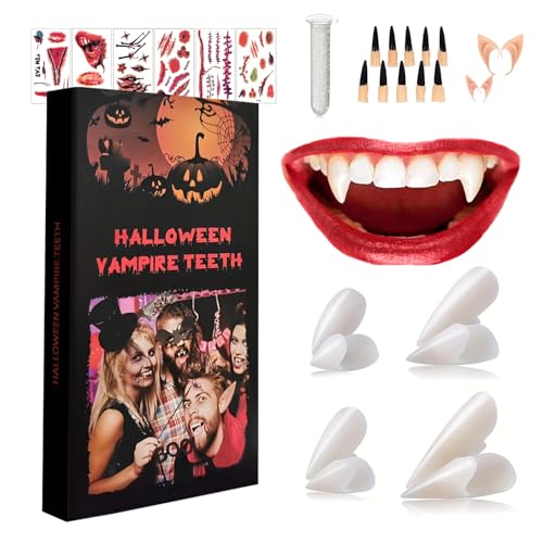 Conjunto de dentes de vampiro para Halloween, 8 dentes de vampiro com 1 tubo de cola de pellets dentárias, 6 tatuagens de Halloween, 4 orelhas de elfo e 10 garras, crianças adultos, lobisomem