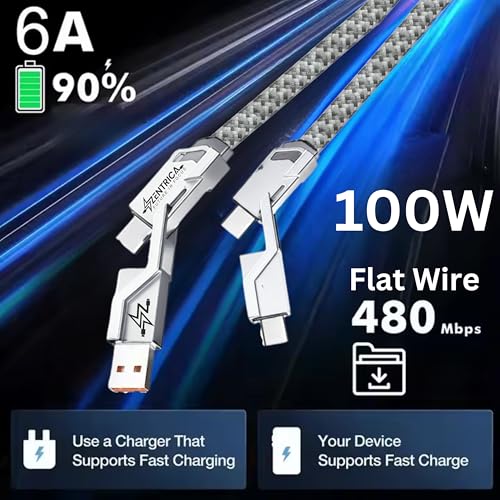 Image of PD 4 in 1 Fast charging & data cable, 100W /27W LED, 5 ft multi charger cable, 480 Mbps Data Transfer, 5 Ft Long Braided Design, charging cable c. Fast charging needs compatible devices.