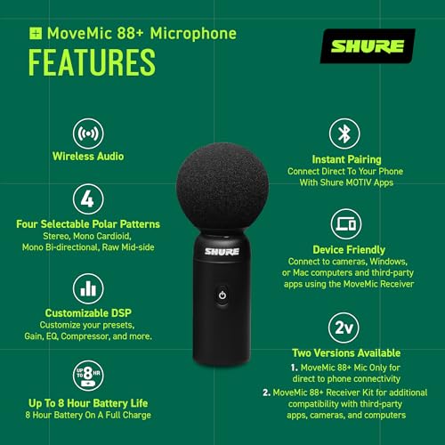 Image of Shure MoveMic 88+ Wireless Stereo Microphone for iPhone & Android - Portable Video Recording Mic with 4 Polar Patterns, DSP Audio Controls & Direct-to-Phone Connectivity, Black | Wireless Stereo Mic to Phone, 4 Patterns: Stereo 60 Degree -135 Degree, Cardioid, Figure-8, Raw Mid-Side, Dsp, 8h, 100ft