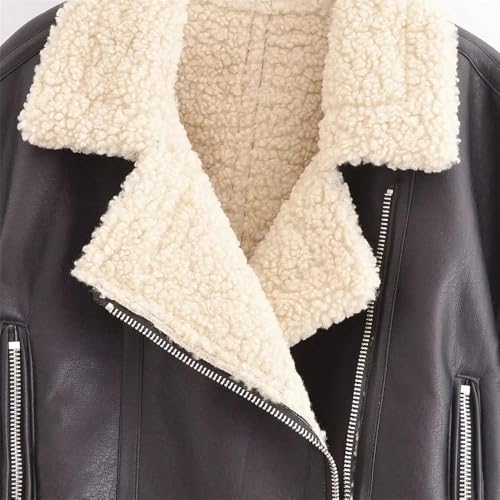 Pohullan Women Fall Motorcycle Style Double Sided Zipper Jacket Leather Coat Lapel Patchwork Jacket3