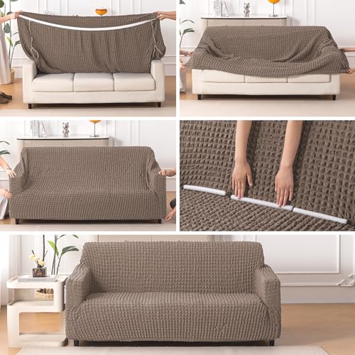Image of HOKIPO 'Aria Nova' Elastic Stretchable 280 GSM Bubble Sofa Cover for 1 Seater, Mocha Brown (AR-6208-BR)