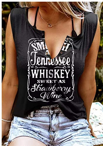 Smooth As Tennessee Whiskey Sweet As Strawberry Wine Shirt Ring Hole Sleeveless V-Neck Tank Top Womens Country Music Tee (Black, X-Large) #TOP1