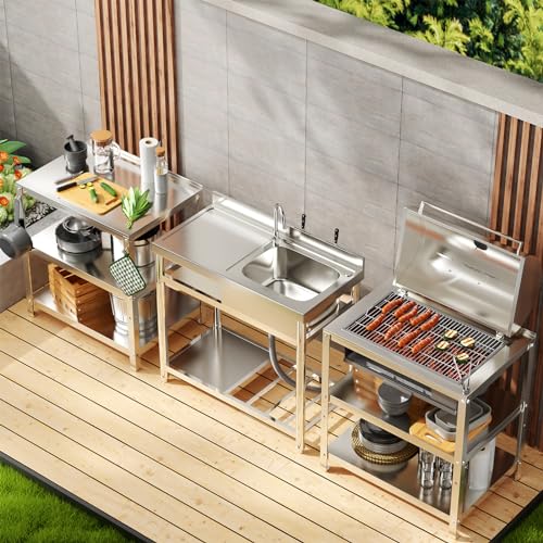 ROOMTEC 304 Stainless Steel Single Bowl Utility Sink Set, Commercial Restaurant Kitchen Sink, Outdoor Sink with Workbench & Storage Shelve with Hot and Cold Water Pipes (39 in(Right bowl))