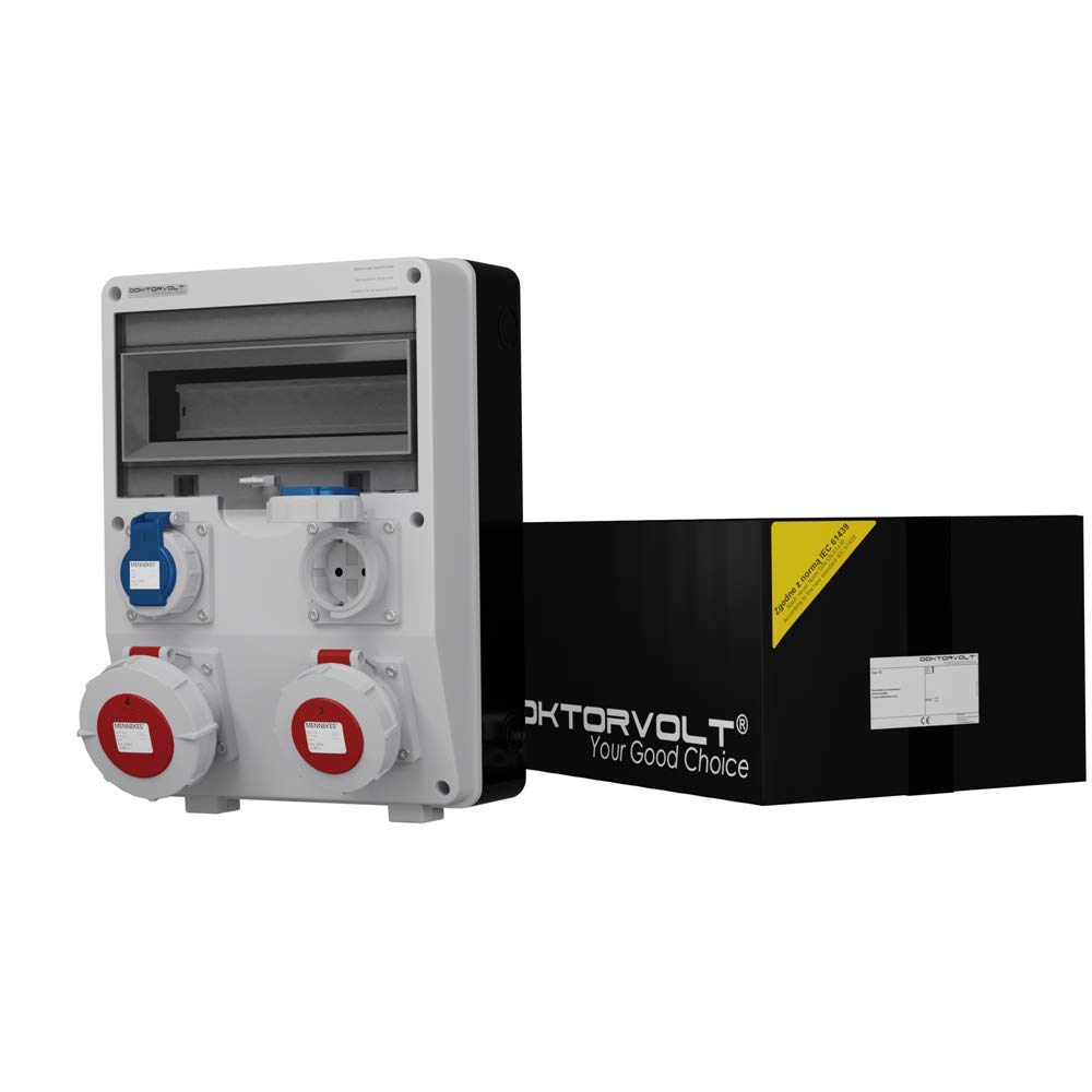 Doktorvolt Baustromverteiler TD 2x230V/16A 1x400V/16A 1x 400V/32A CEE mit TH/TS 35 Schiene und IP65 Schutzklasse für Baustellen, Werkstätten und Industriebetriebe