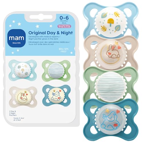 MAM Original Baby Pacifiers 0-6 Months, Binky for Newborn Babies, BPA-Free Skin Soft Silicone Nipple, Glows in The Dark, Developed with Medical Experts, 4 Count, Sterilizer Case, Made in Europe