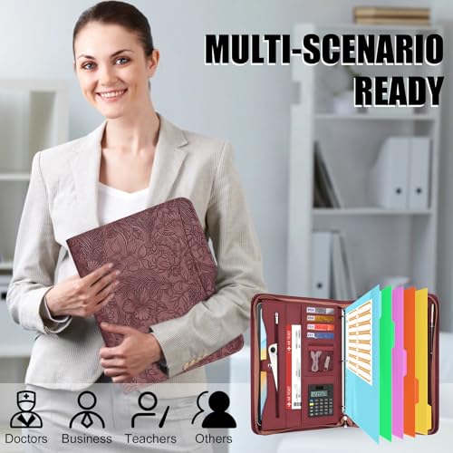 Image of Eshow Portfolio Organizer - 3 Ring Binder with Zipper, Vegan Leather Business Padfolio Folder with Notepad Includes 5 Color Sheet Protectors for Documents Files for Men Women