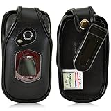 Turtleback Kyocera DuraXV, DuraXA Flip Phone Fitted Case - Made in USA (Black Leather / Ratcheting Plastic Clip)
