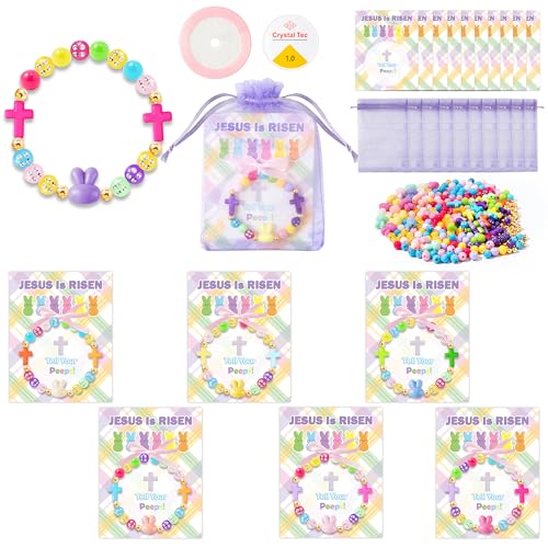 BeYumi Bunny Bracelet Craft Kit - 24Pcs Pack Christian Bunny and Cross Beads Bracelets with Jesus is Risen Gift Cards DIY Religious Faith Peeps Craft Kit Party School Classroom Fun Activities Kids