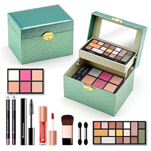 Color Nymph Makeup Kit For Teens Girls With Recyclable And Key-Lockable Cabinet Included 17-Colors Eyeshadows Blushes Bronzer Highlighter Lipstick Brushes Mirror(Green)