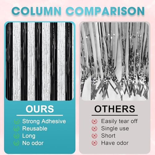 Image of Voircoloria 2 Pack Black and Silver Tinsel Foil Fringe Curtains, Black White Party Decorations, Metallic Tinsel Party Streamers Backdrop for New Years Birthday Christmas Graduation Decorations
