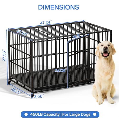 LEMBERI 48 Inch Heavy Duty Dog Crate for Large Dogs | Indestructible indoor dog kennel, escape proof cage for high anxiety dogs with double door, lockable wheels, removable tray - Image 3