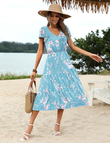 Image of Zeagoo Women's Summer Casual Dress Flutter Short Sleeve V Neck Button Down Tiered Flowy Long Dress with Pockets
