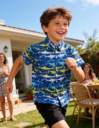 Image of Boys Hawaiian Shirt Kids Button Down Aloha Beach Hawaii Tops 5-14Y | Quick Dry, Breathable, Cooling & Lightweight, For Summer Vacation Holiday, Fourth of July, Youth, Teen, Shark, Dinosaur