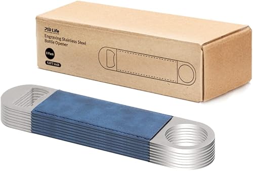 Miniatura 10 de PYD Life Paquete de 8 abrebotellas planos de acero inoxidable con mango de cuero amarillo y marrón, 1.6 x 7 pulgadas para grabado láser Glowforge