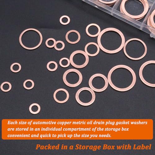 Image of 360PCS Crush Washer Oil Drain Plug,18 Sizes Copper Crush Washers Assortment Kit,Automotive Oil Pan Drain Plug Gasket M6 M8 M10 M12 M14 M16 M18 M20 M22 M24