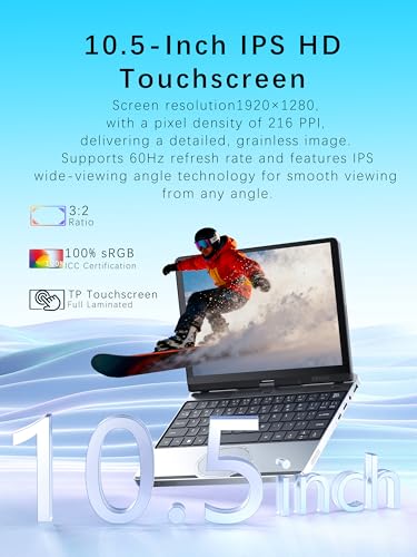 Image of Mini Laptop 10.5 inch Touchscreen 2-in-1 Convertible Computer N95 CPU | Win 11 Pro Tablet PC 16GB DDR4 512GB SSD,1920 * 1280 IPS,Face Unlock,Backlit KB,BT4.2,Type-C,Mini HDMI (16G+512GB)