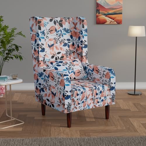 Image of Custom Decor Wooden Wing Chair with Ottoman Stool | Wingback for Living Room | One Seater Sofa | High Density Foam | Accent Chair for Seating and Home Decor Furniture | (Floral Frost, with Ottoman)