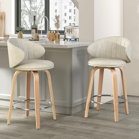 FERFALDER Modern Bar Stools Set of 2 Mid Century Bentwood Barstools Swivel Faux Leather Stools with Back for Kitchen Counter Restaurant, Beige Cover