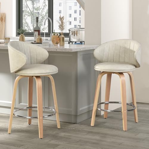 Butacos Modernos de Bar, Juego de 2, Estilo Mid Century, con Asiento Giratorio y Espaldar, Tapizados en Cuero Sintético, Color Beige, para Cocina, Isla o Restaurante miniatura 1