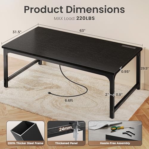 Image of Huuger 63 x 31.5 inch Desk with Power Outlets & USB-C, 0.95 Inch Thicker Desktop, Robust Metal Tubes, Deep Computer Desk, Heavy Duty Office Work Desk, for Home Office, Black