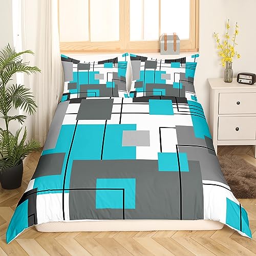 Homewish Geometric Square Duvet Cover Double Teal Grey Bedding Set Black Gray Turquoise Comforter Cover for Kids Teen Adults Modern Abstract Lines Bed Set Rustic Farmhouse Room Decor 2 Pillow Cases - Image 2