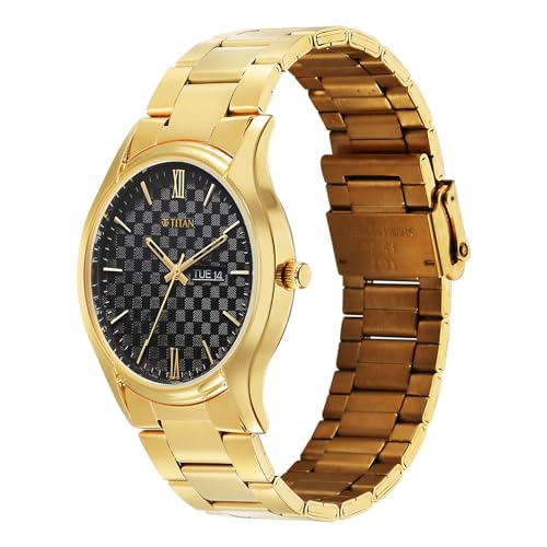Image of Titan Karishma Regal Classic Day-Date Black Dial IPG Stainless Steel Men's Dress Watch - 10059YM01