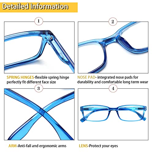 Kerecsen 4 Pack Reading Glasses for Men and Women with Spring Hinges, Lightweight Black Rectangular Readers Eyeglasses (4 Pack Blue, 1.5, x)