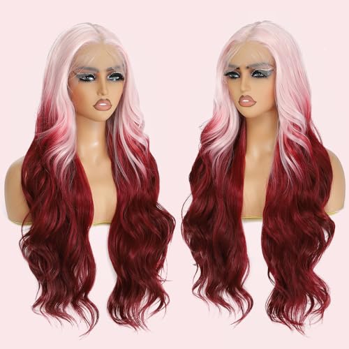 X-Tress 28" Lace Front Wig - Pink to Red Balayage Synthetic Hair - Pre Plucked, Glueless, Soft, Pink & Red - Image 2