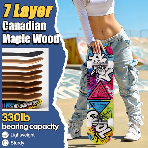 Image of Skateboards for Beginners Adults Youths Teens Kids Girls Boys 31 Inch Pro Complete Skate Boards 7 Layer Canadian Maple Double Kick Concave Longboards