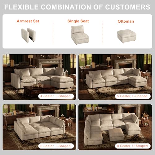 Image of 128'' Faux Leather Modular Sectional Sofa Bed Sleeper with Storage, Oversized Mid Century Modern Leather Sectional Couche for Living Room, 6 Seater Deep Seat Couch with 2 Storage Ottoman, Beige