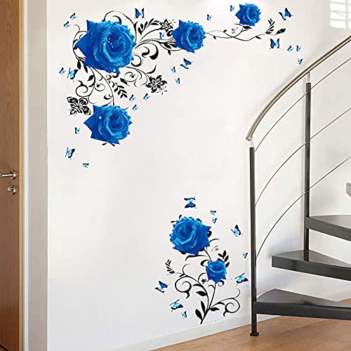 Supzone Blue Rose Wall Stickers Rose Flower Vine Wall Decal Blue Peony Floral Wall Decor Diy Vinyl Mural Art For Bedroom Living Room Sofa Backdrop Tv Wall Decoration #TOP4