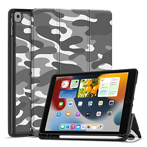 Étui iPad 10,2 pouces avec porte-crayon TNP, housse grise camouflage