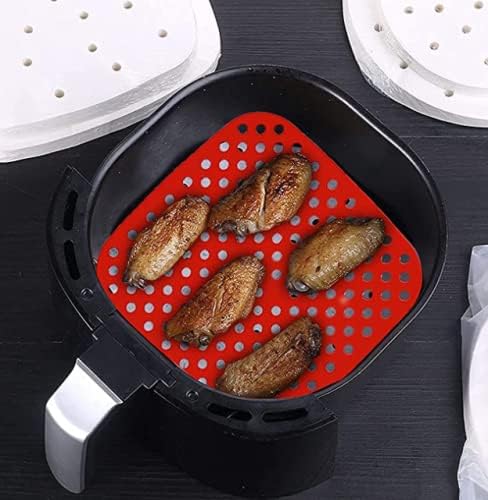 Kikuo 2 Pieces Air Fryer Liners, Reusable Air Fryer Silicone Liners, Food Grade Non-Stick Easy to Clean Square Silicone Replacement Air Fryer Accessories with Baking Brush, Black Red