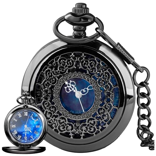 Tiong Exquise Starry Blue Hollow Case Quartz Pocket Watch Roman