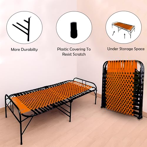Image of Casa Copenhagen, Portable Single Folding Bed Heavy Duty Metal Cot Khat for Sleeping Bed Space Saving Design Sturdy Synthetic Niwar feet - Orange & Jet Black