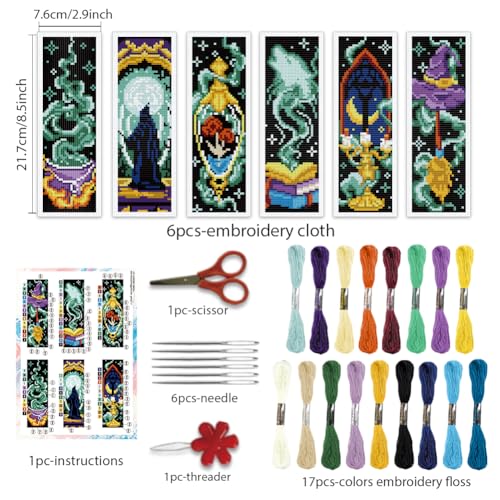 Image of BEUNITONE 6 Pcs Cross Stitch Bookmark Kit for Beginner Magic Stamped Cross Stitch Kit for Adults Printed Embroidery Bookmarks Kits with Instruction for DIY Crafts Book Lovers 8.5''x3''