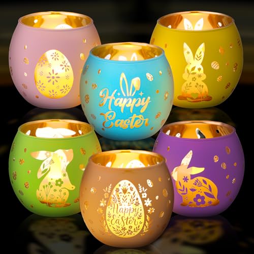 Jingmore 6 Pcs Easter Tealight Candle Holders Bunny Egg Flameless Glass Votive Holders Happy Easter Votive Candle Decor with 6 Laser Engraving Patterns for Spring Home Table Centerpiece