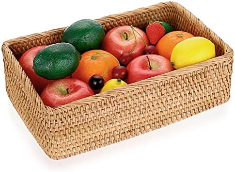 IGNPION Rectangle Rattan Woven Fruit Basket Wicker Food Tray Storage Holder Home Bathroom Kitchen Storage Basket
