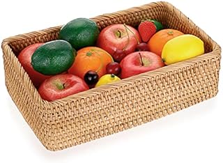 IGNPION Rectangle Rattan Woven Fruit Basket Wicker Food Tray Storage Holder Home Bathroom Kitchen Storage Basket