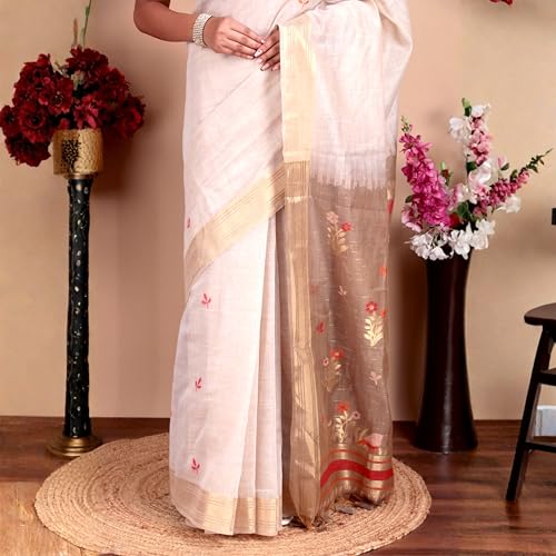 Image of Beige Cotton Saree with Zari Weaving Work and Blouse Piece, Traditional Indian Wear for Women