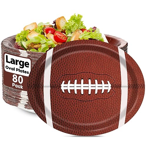 80 PCS Football Oval Paper Plates Large 11” Disposable American Rugby Sport Platters, Touch Down Boy Birthday Theme Party Heavy Duty Dish Tray for BBQ Gathering Picnic Carnival Dinner Party Tableware