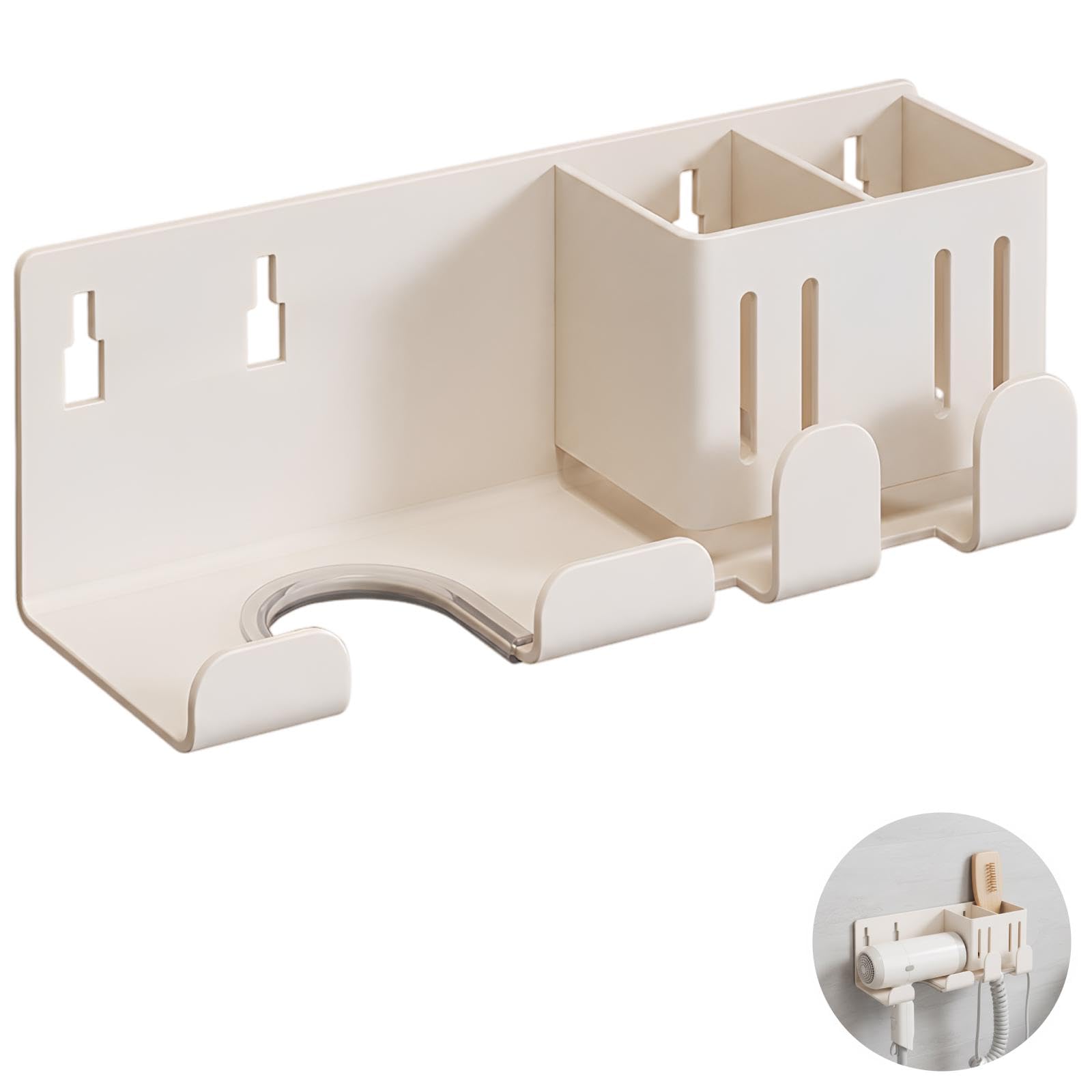 Haarwerkzeug-Organizer zur Wandmontage, Föhnhalter ohne Bohren fürs Bad, mit 2 Haken und Doppelfächern, rostbeständig, für Schminktisch, cremeweiß, moderne Station für Haarpflege und Styling