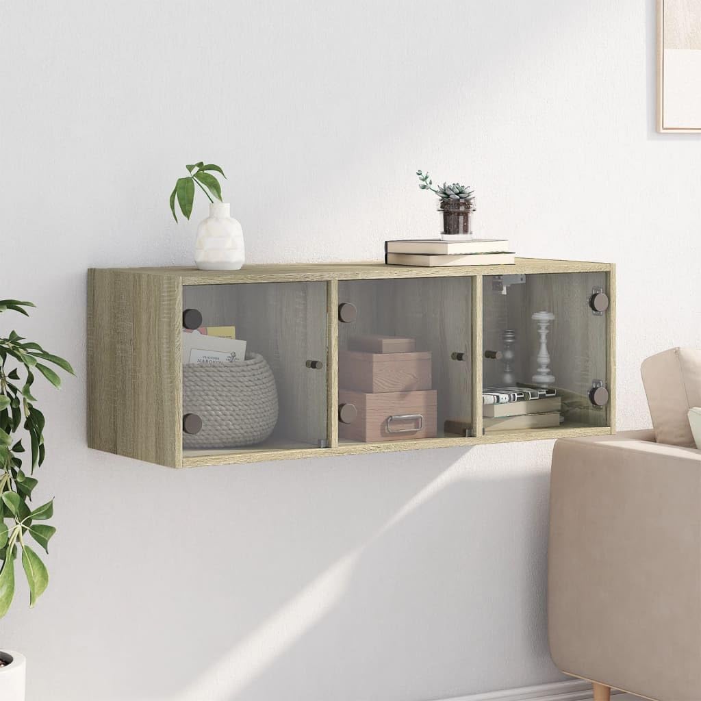 Szafka ścienna ze szklanymi drzwiami, dąb Sonoma z materiału drewnopochodnego 102 x 37 x 35 cm, szafka do przechowywania z półkami i półką, do biura, korytarza, piwnicy, warsztatu, miejsca do