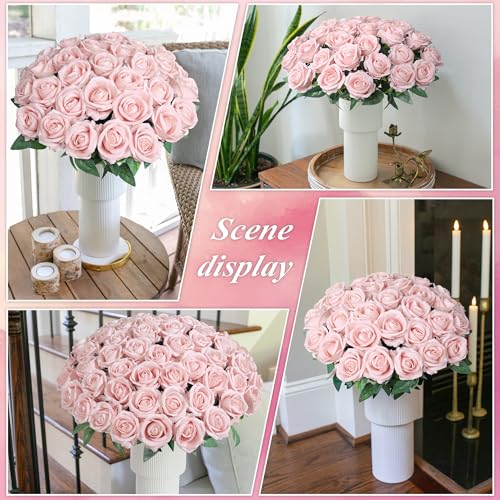 Image of 50 PCS Roses Artificial Flowers, Fake Roses with Stem Realistic Blush Silk Rose for DIY Wedding Bouquets Table Centerpieces Arrangements Baby Shower Birthday Home Decor Valentines Day Gift for Her